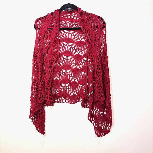 Kaktus Red Open Knit Crochet Kimono S/M Shrug Vest Top Boho Romantic Valentines - Picture 1 of 11